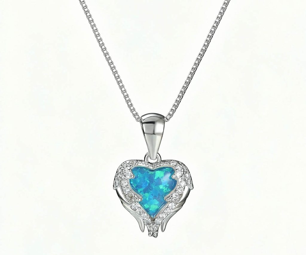 blue simulated opal angel wing heart necklace