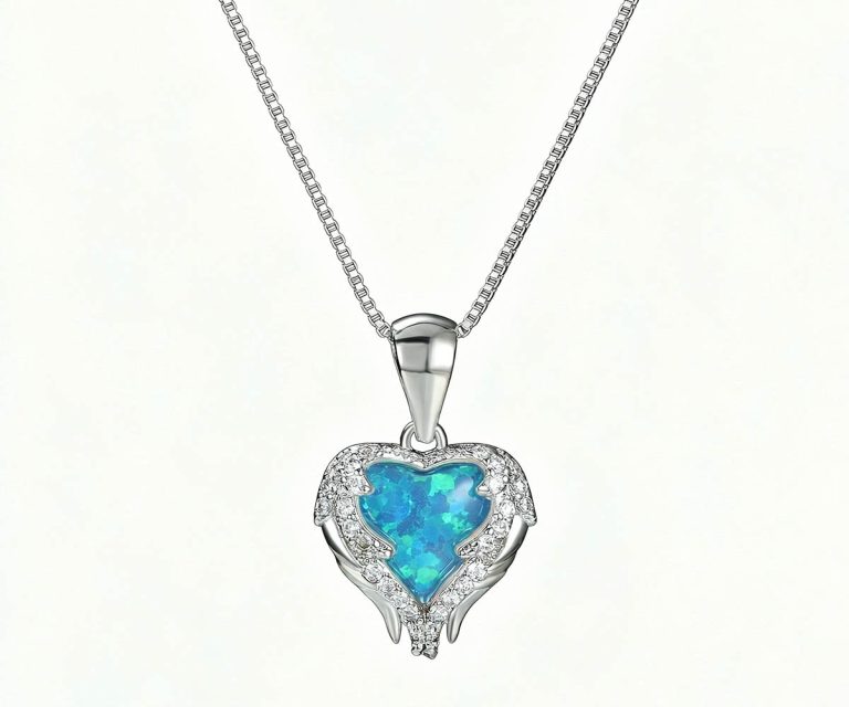 blue simulated opal angel wing heart necklace