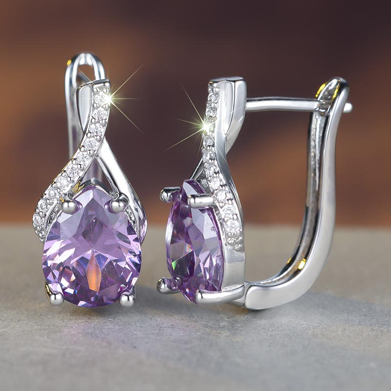 copper purple teardrop cz leverback earrings