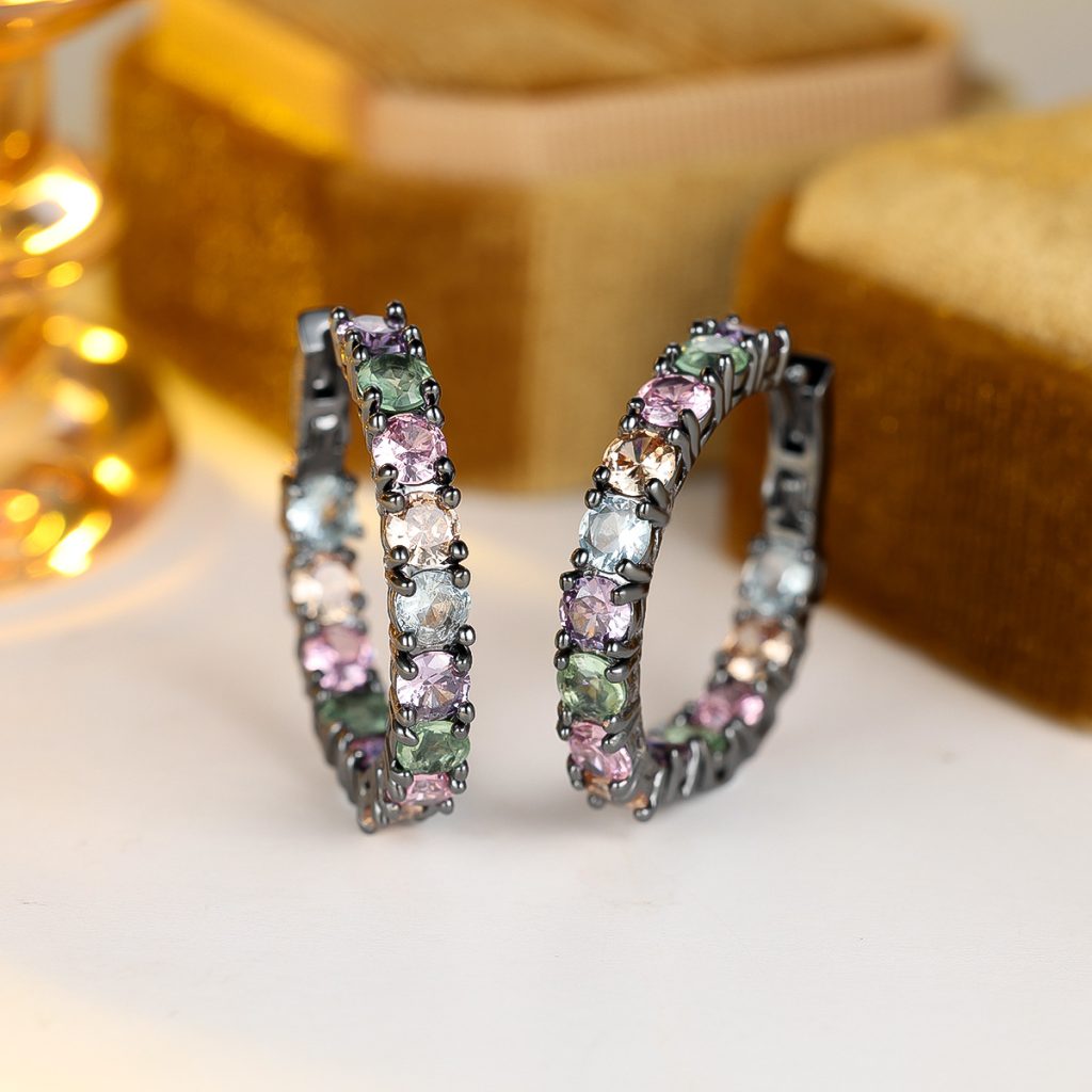 multicolor stone black hoop earrings