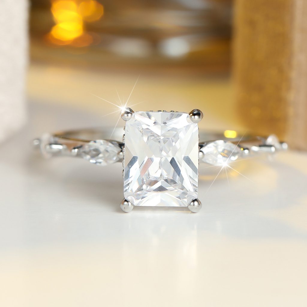 silver tone radiant cz engagement ring